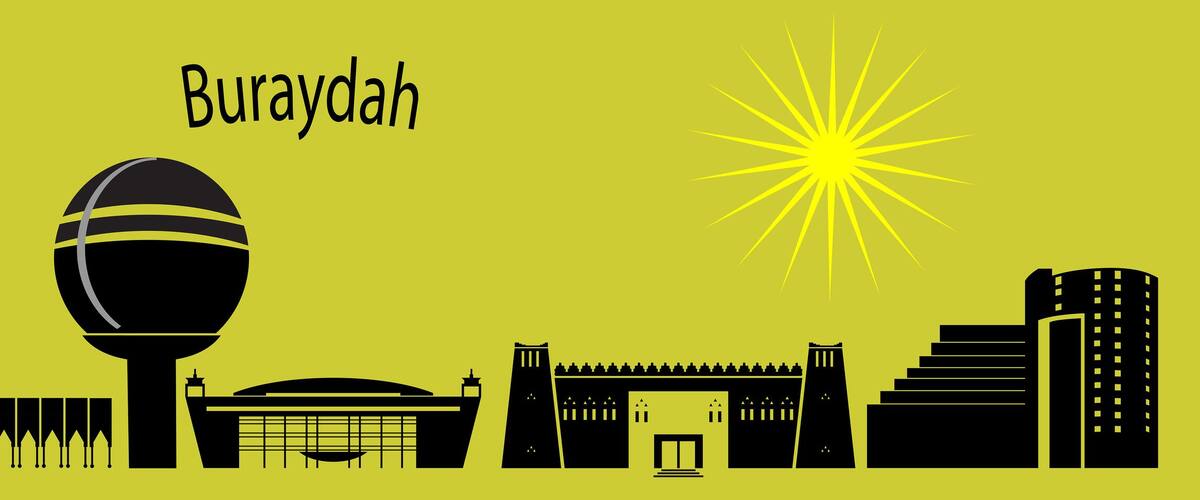 A stylized cityscape with a prominent tower, buildings, and a sunburst effect.