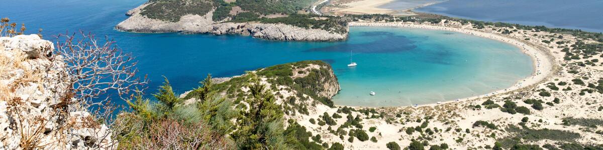 Panoramic view of bay and lagoon Voidokoilia from fortress Palaikastro in Peloponnese,Greece