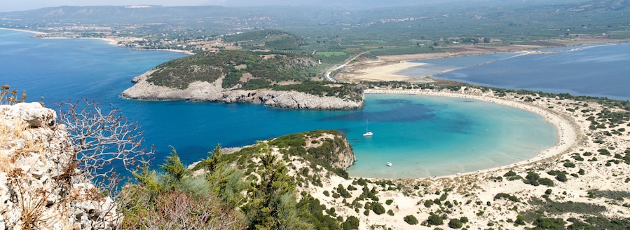 Panoramic view of bay and lagoon Voidokoilia from fortress Palaikastro in Peloponnese,Greece