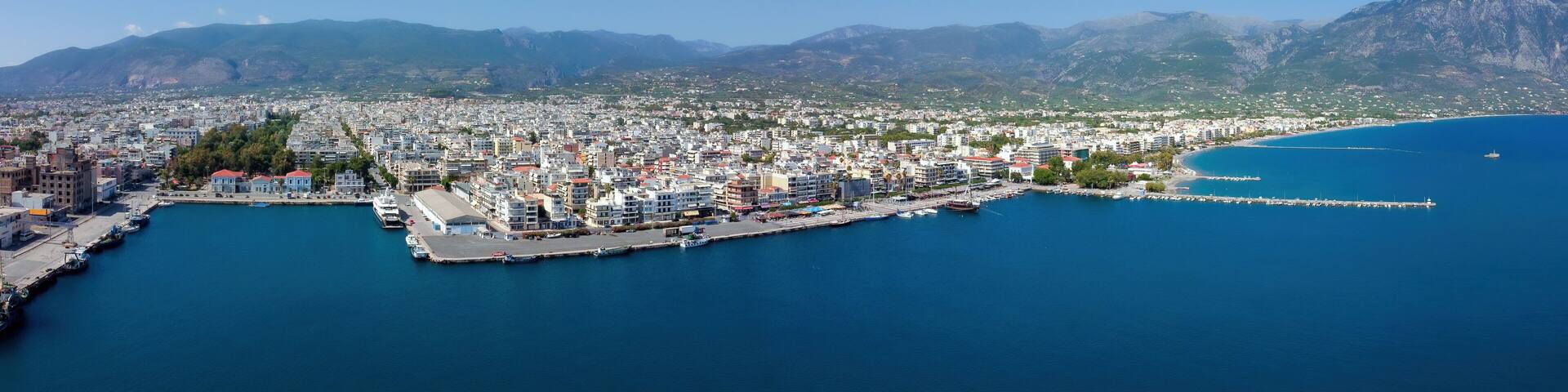 Aerial view of Kalamata port at daylight, one of the biggest ports in Peloponnese, Greece