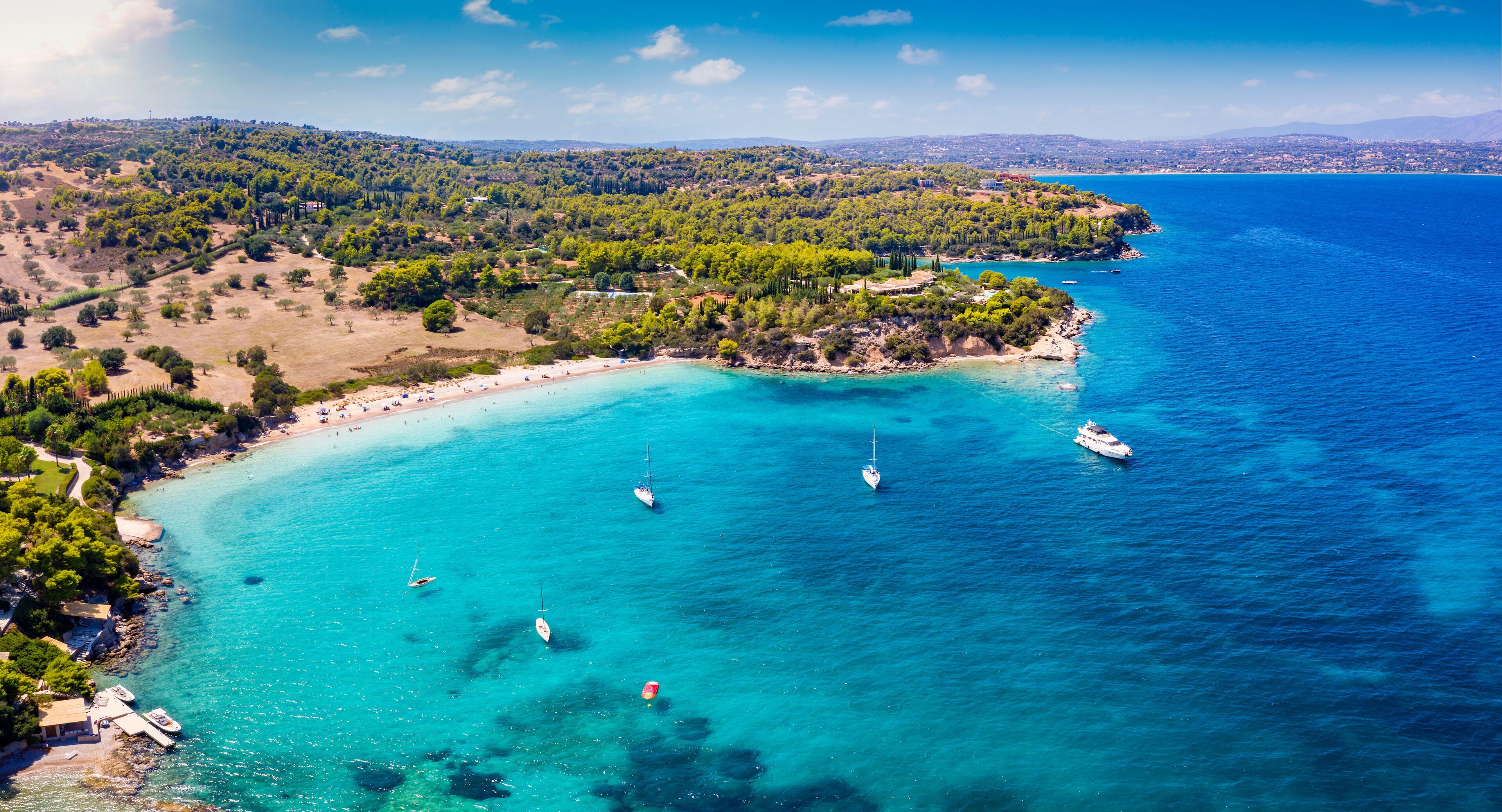 Panoramic aerial view of the beach Koounoupi, close to the cosmopolitan town Porto Heli, Pelponnese, Greece