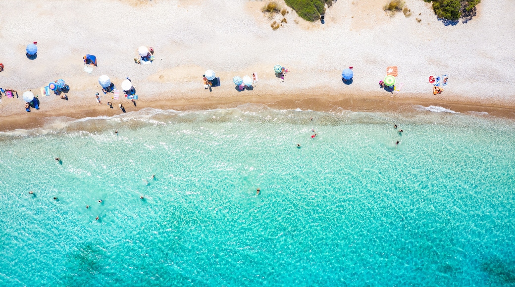Aerial top down view to the beautiful beach of Kounoupi, close to Porto Heli, Peloponnese, Greece, with turquoise, clear sea