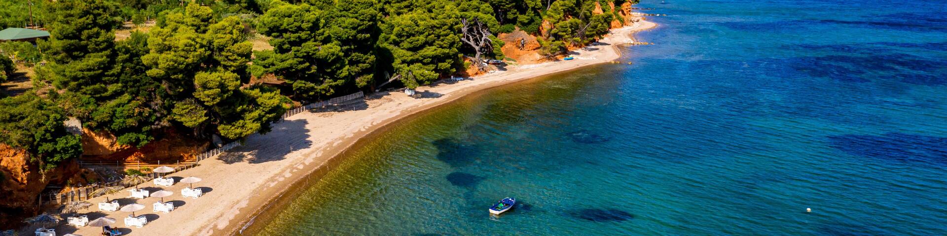 Aerial by drone of Metamorfosi Beach, Sithonia, Chalkidiki