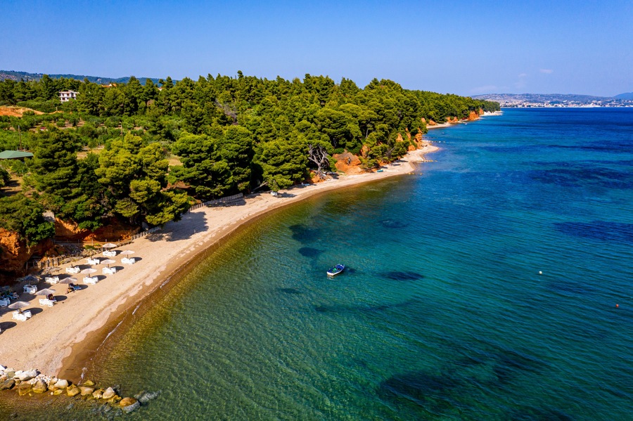 Aerial by drone of Metamorfosi Beach, Sithonia, Chalkidiki