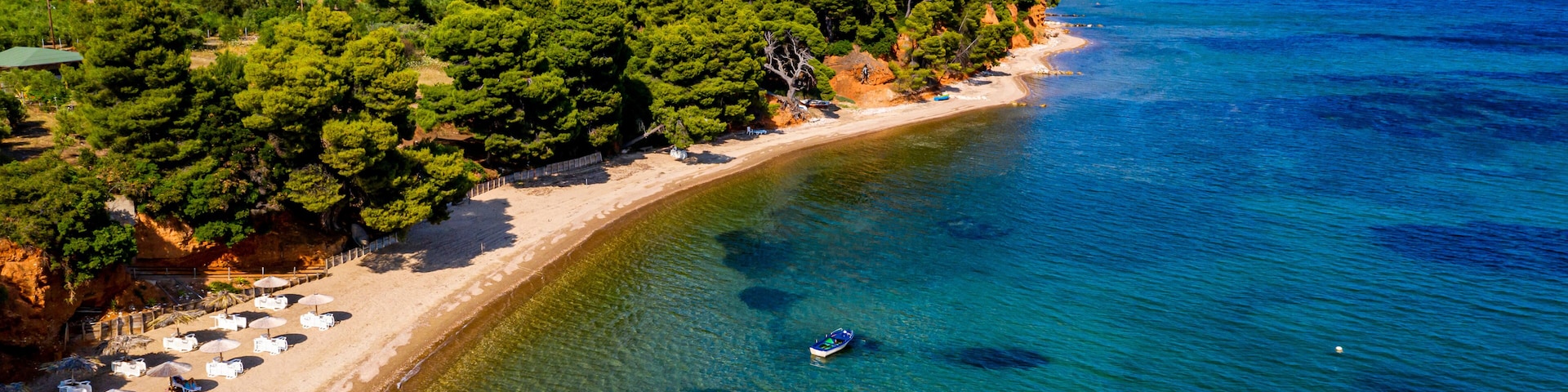Aerial by drone of Metamorfosi Beach, Sithonia, Chalkidiki