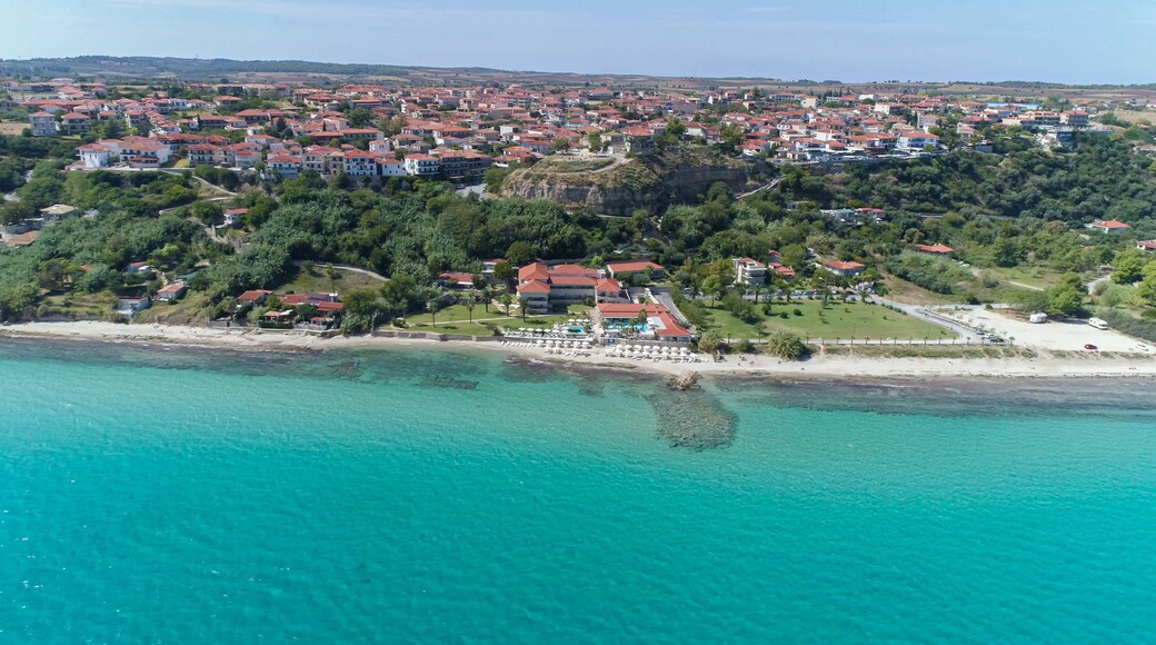 Aerial view of Afitos - traditional village in Kassandra, Halkidiki. Greece.