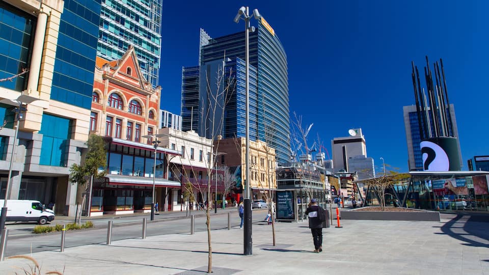 Perth Central Business District which includes street scenes and a city