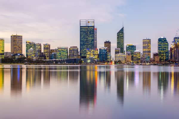 Perth Central Business District featuring a city, a bay or harbor and a sunset