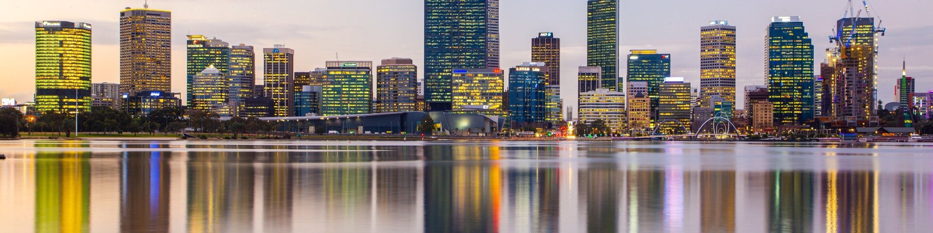 Perth Central Business District featuring a city, a bay or harbor and a sunset