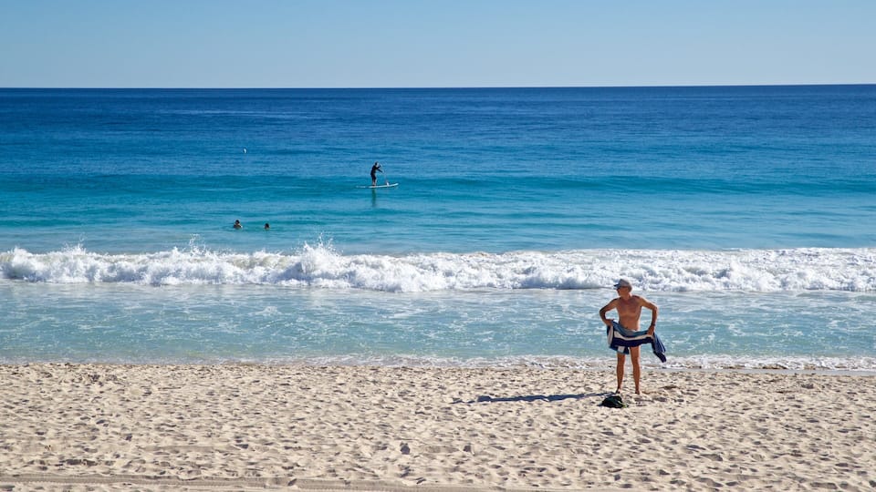 Scarborough Beach which includes general coastal views and a sandy beach as well as an individual male