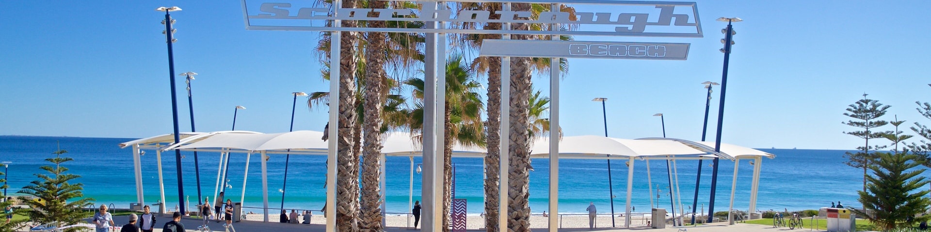 Scarborough Beach showing general coastal views and signage