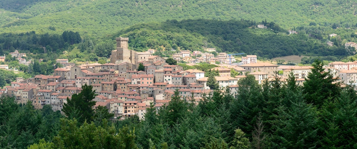A historic town nestled in a valley with a prominent castle tower and dense forested hills.