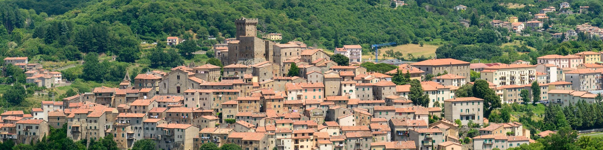 Un pueblo histórico con arquitectura medieval, que incluye una torre destacada y edificios densamente agrupados con tejados de tejas rojas.
