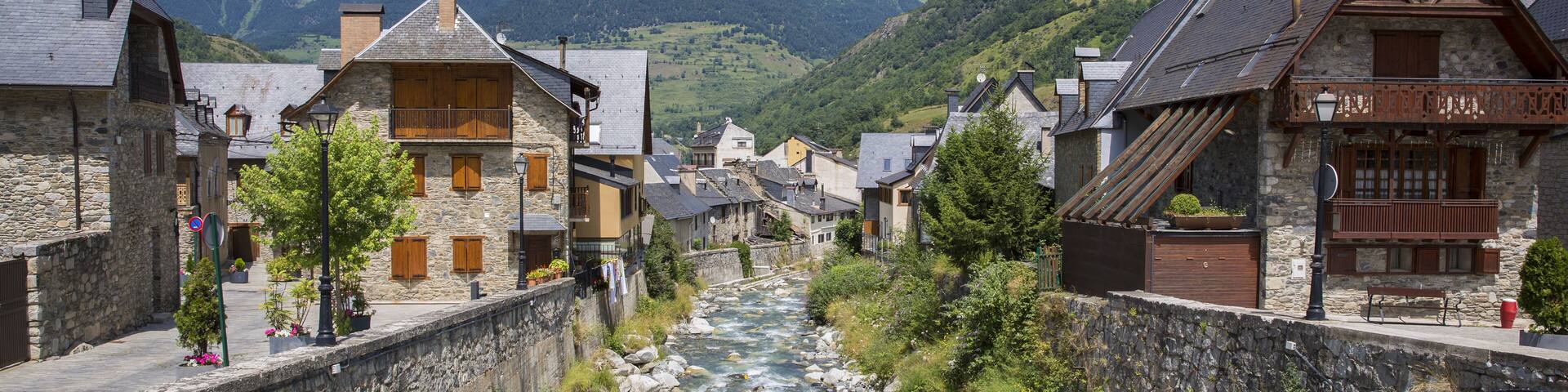 Arriu Nere (Black river) at his pass for Vielha in a spring day. Aran Valley, Lleida, Catalonia, Spain
