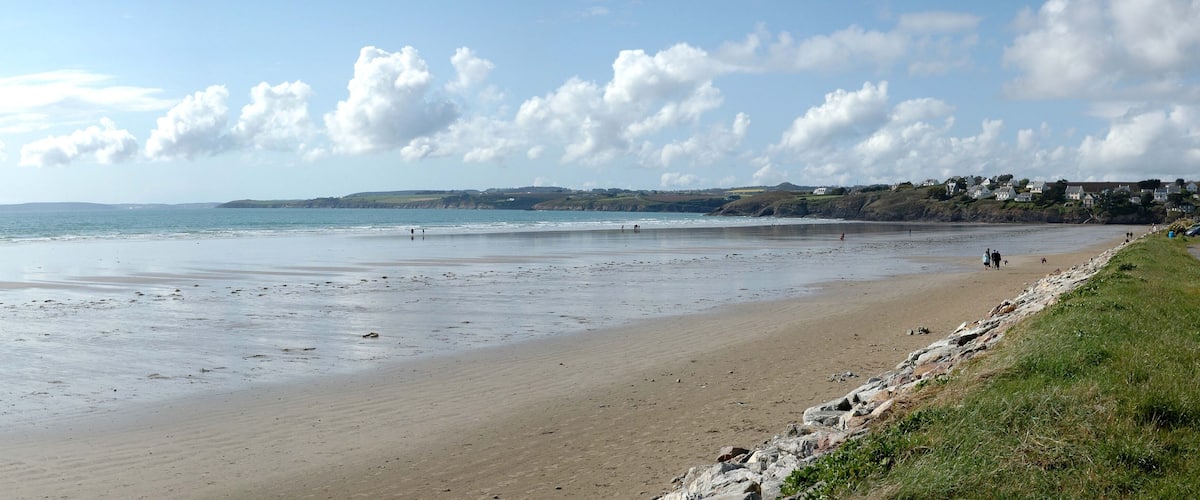 A wide sandy beach with gentle waves, a grassy cliffside, and houses in the background.