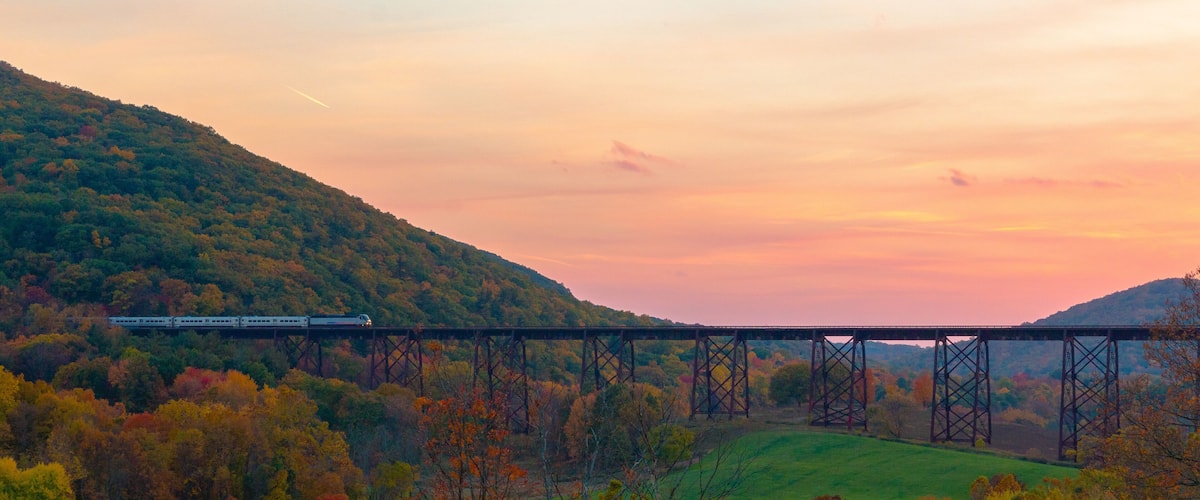 A train crossing a steel bridge over a valley with autumn-colored trees.