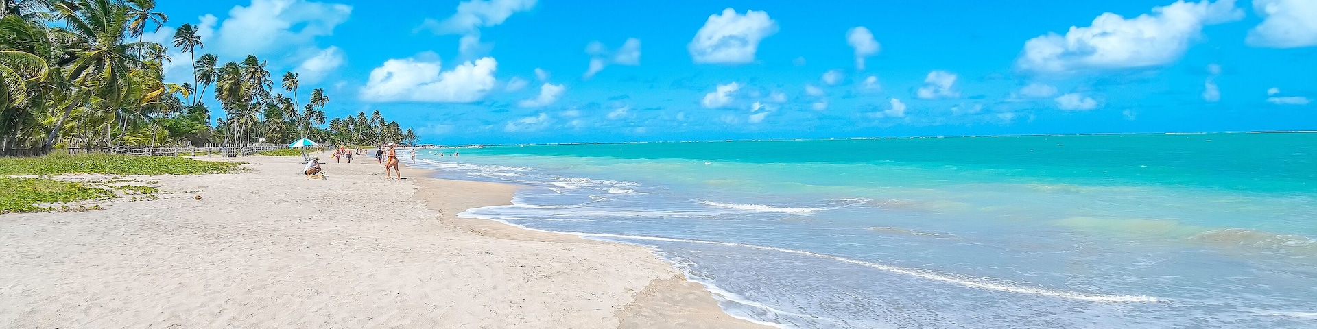 Wide view of Barra Grande beach, Maragogi - AL, Brazil. Famous beach, beautiful coastal destination of Alagoas state.