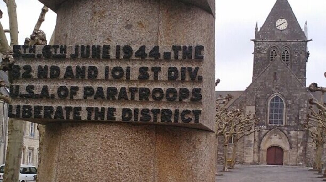 WWII monument honoring the US Paratroopers who landed in Sainte Mere Eglise on D-Day, June 6, 1944.
