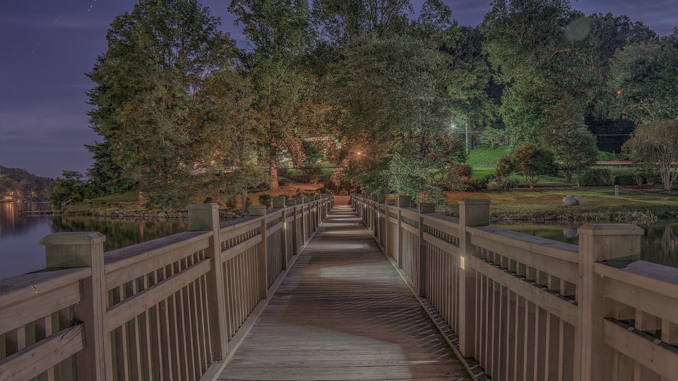 A wooden boardwalk leading to a lake surrounded by trees, with lights illuminating the path.