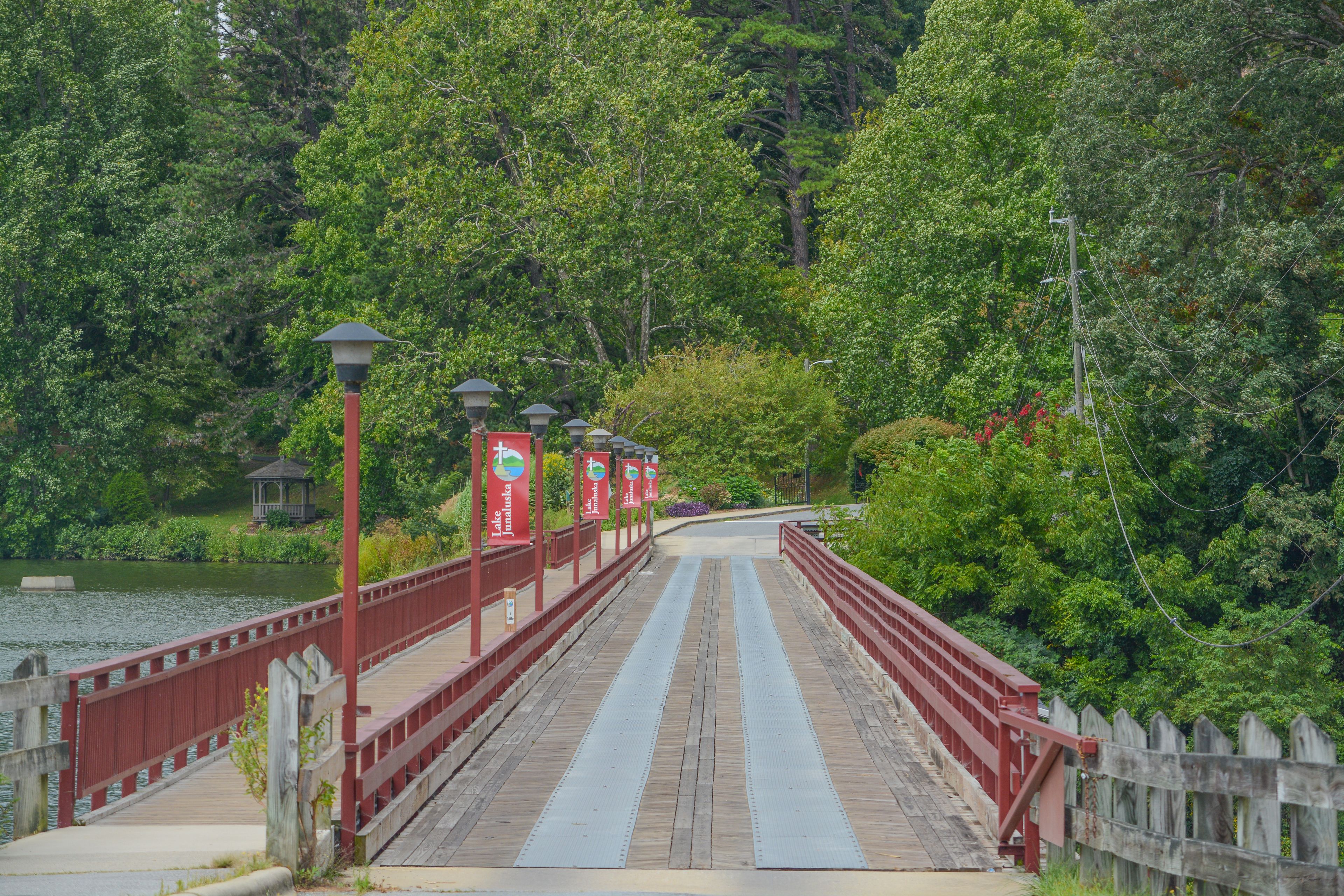 The one lane bridge on Lake Junaluska's Dam in Asheville, Haywood County, North Carolina  