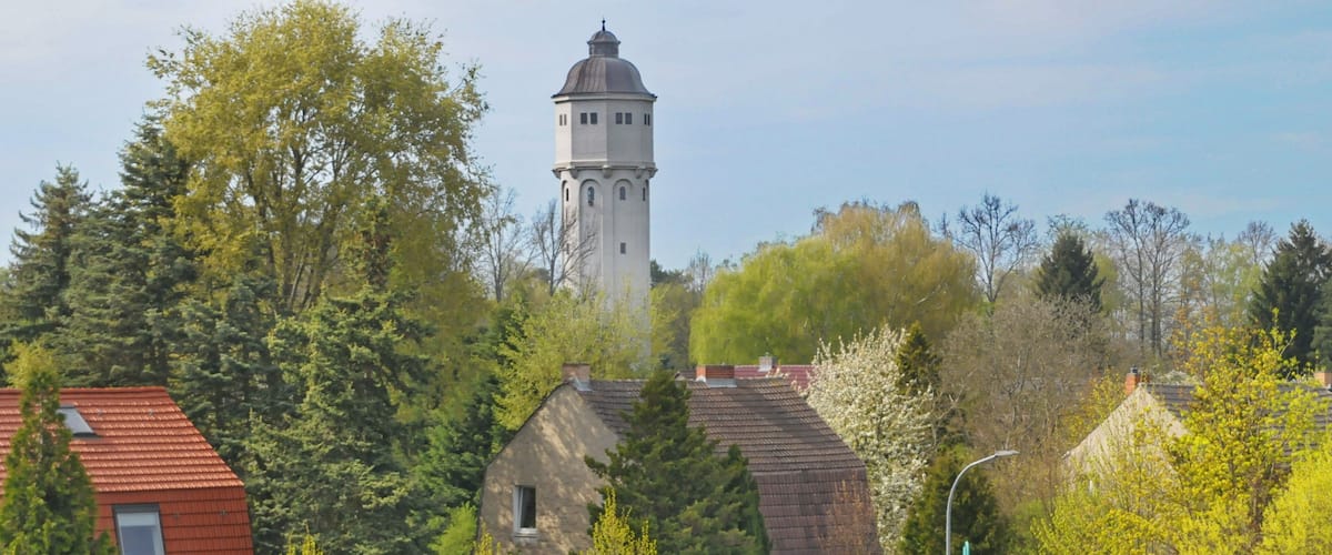 A tower, houses, trees, and a statue.