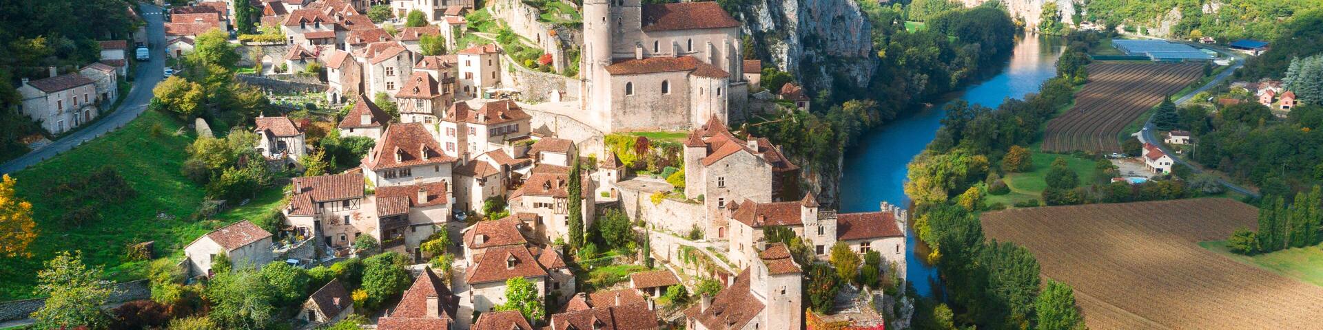aerial view of medieval town in dordogne, France