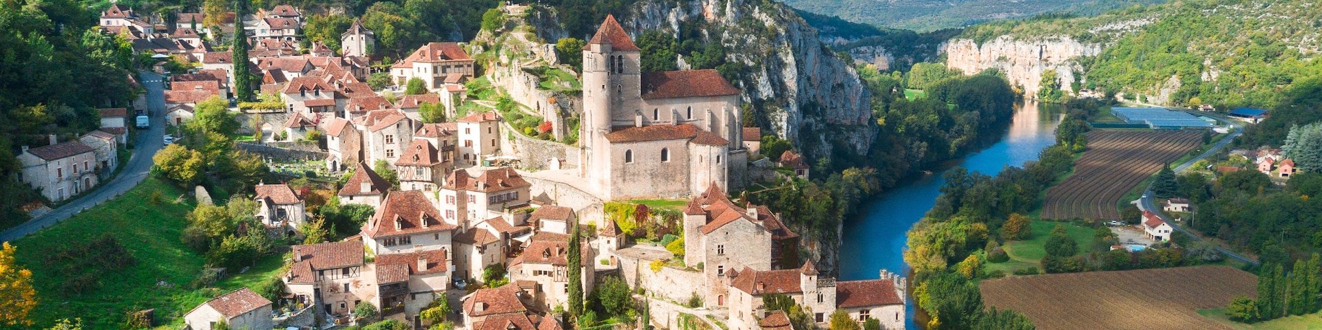 aerial view of medieval town in dordogne, France