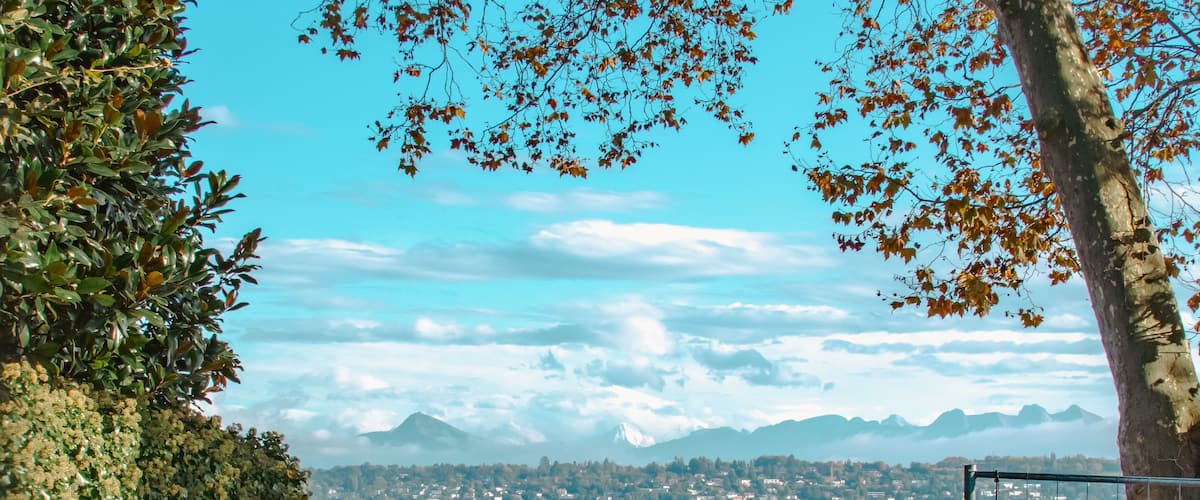Ein Pfad führt zu einem Gewässer, mit Blick auf entfernte Berge und einen klaren Himmel.