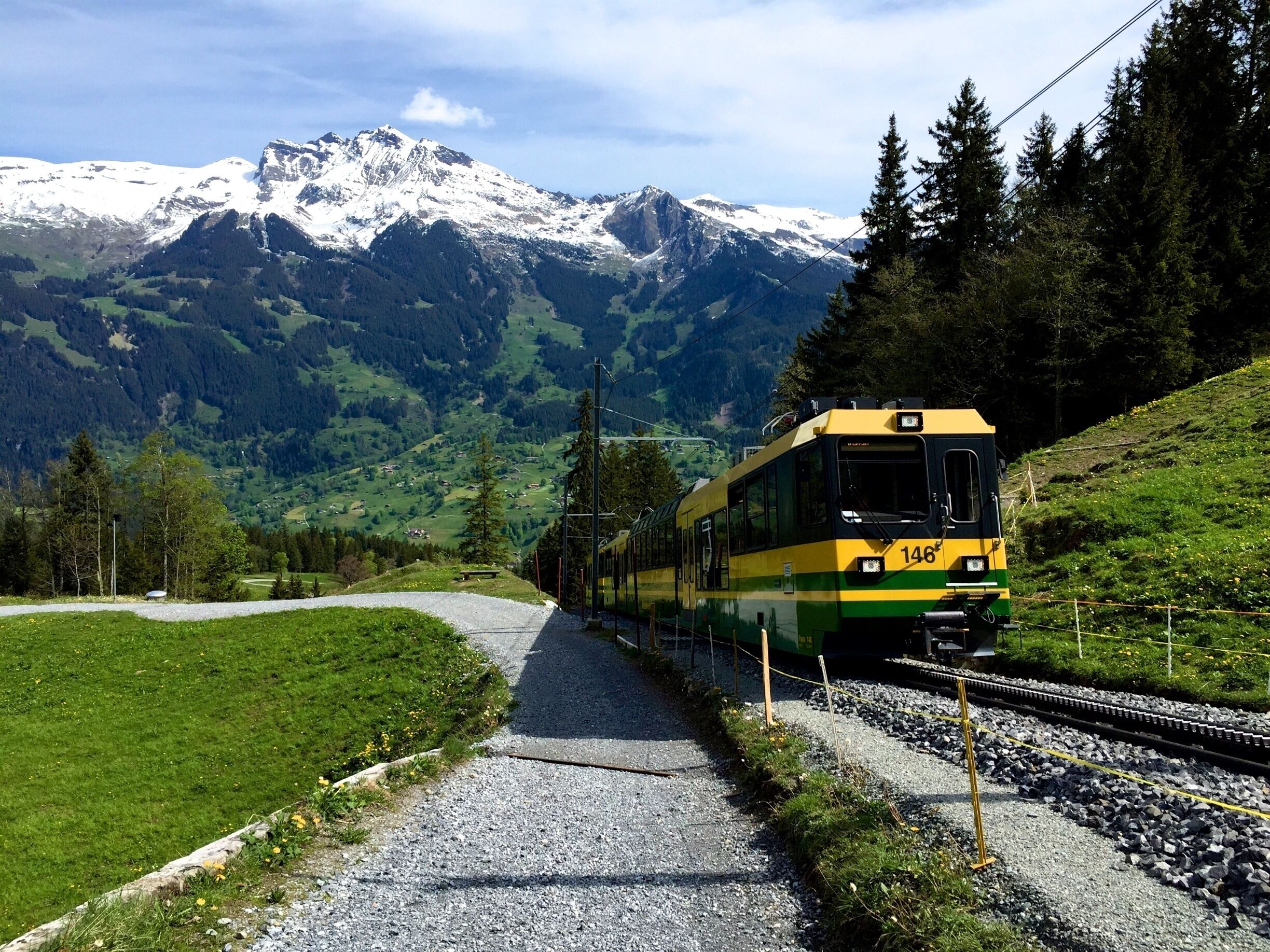A train on a track with snow-capped mountains in the background.