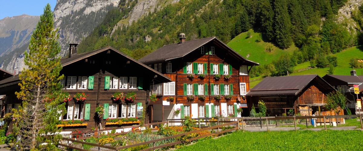 A traditional wooden chalet with green shutters, surrounded by lush greenery and mountains in the background.