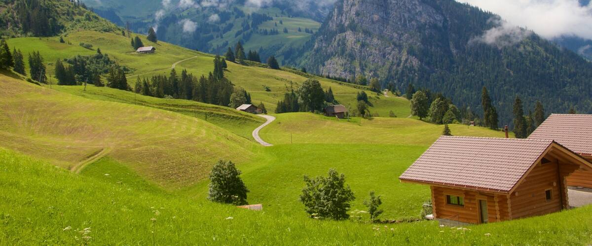 Alpes Berneses que incluye neblina o niebla, una casa y escenas tranquilas