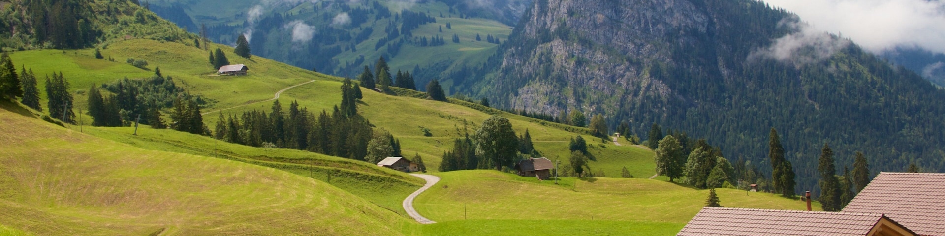 Bernese Alps which includes tranquil scenes, a house and mist or fog