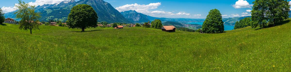 Panorama overlooking Mount Niesen, Lake Thun and the village Aeschi bei Spiez