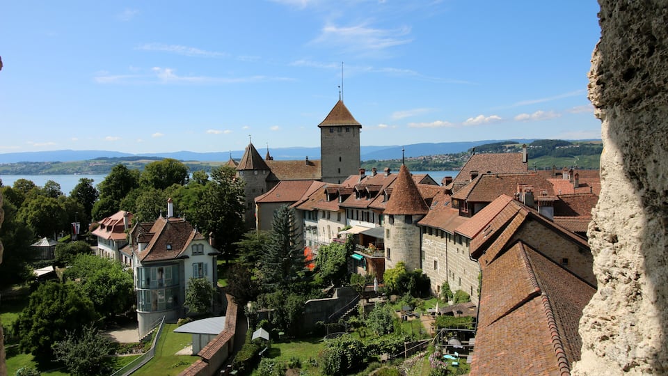 A historic town with a prominent tower, terraced houses, and a lush green park.