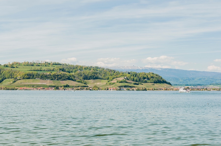 Murten, Murtensee, Seeufer, Mont Vully, Môtier, Weinberge, Seerundfahrt, Sommer, Schweiz