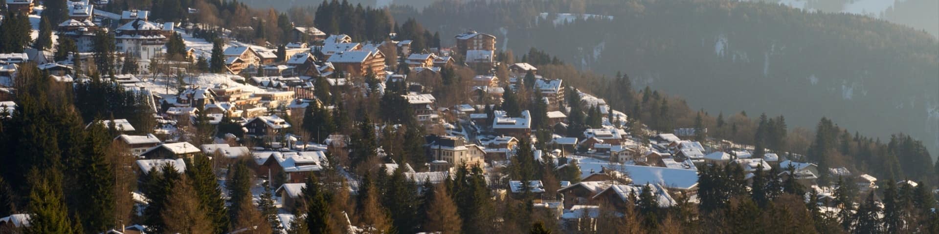 A snow-covered mountain town with buildings nestled among trees.