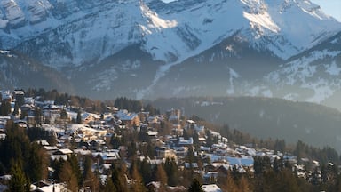 Un pueblo cubierto de nieve en la montaña, con edificios integrados entre los árboles.
