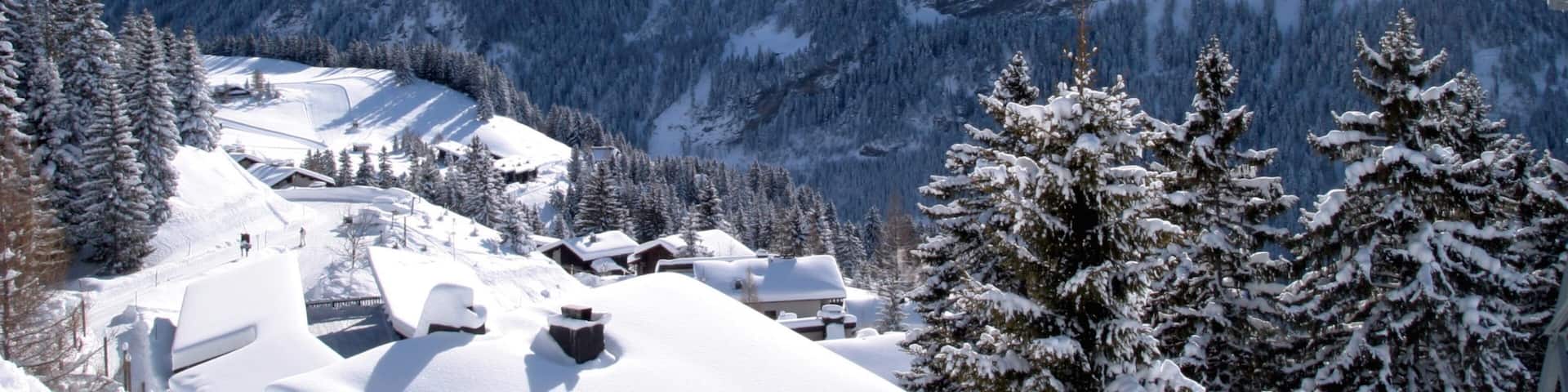 Villars som visar snö, skogar och berg