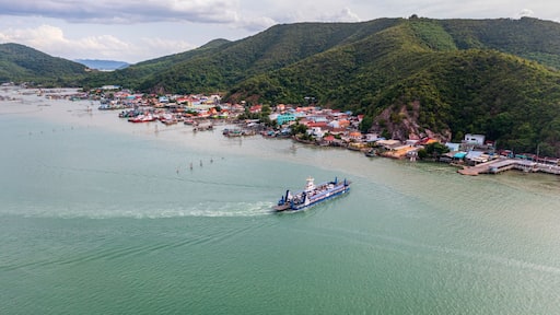 Car ferry across Songkhla Lake to Singhanakhon. Aerial view of ferry-boat with Songkhla ancient town at Hua Khao, Singhanakhon, Songkhla.