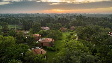 Aerial view of a few houses in a touristic resort in Karnki, Haryana, India.