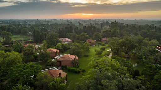 Aerial view of a few houses in a touristic resort in Karnki, Haryana, India.