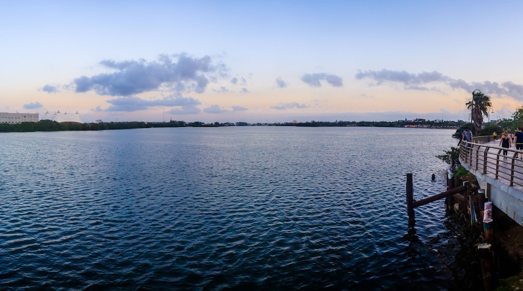 panoramic of lagoon with buildings in the background, sunset in the sky with soft colors, carpenter´´'s lagoon in tampico tamaulipas