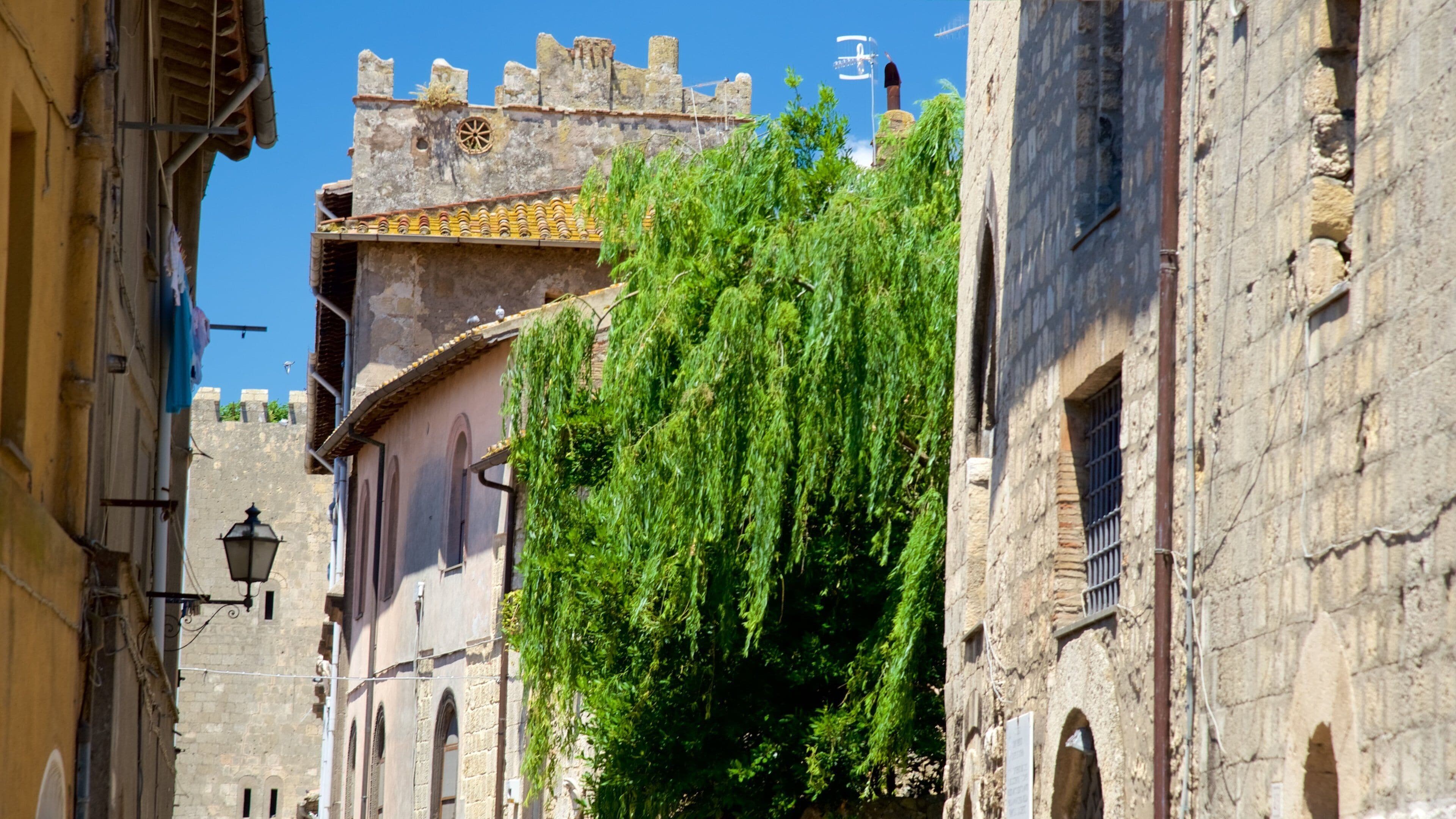 A narrow street with old stone buildings, a tree, and a castle in the background.