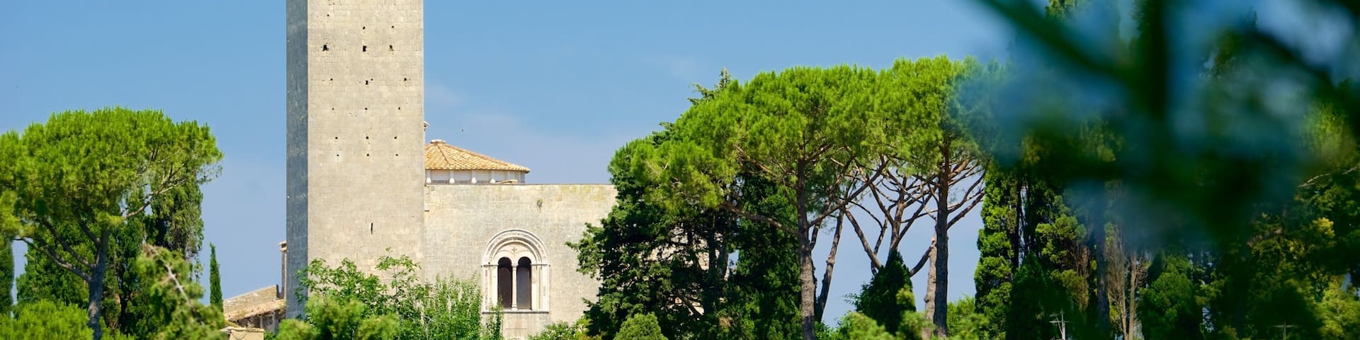 A tall tower with a tiled roof, surrounded by lush green trees and a clear blue sky.
