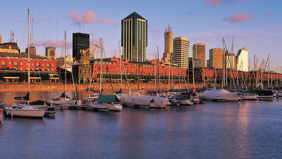 A marina with boats docked, a city skyline in the background, and a mix of modern and traditional architecture.