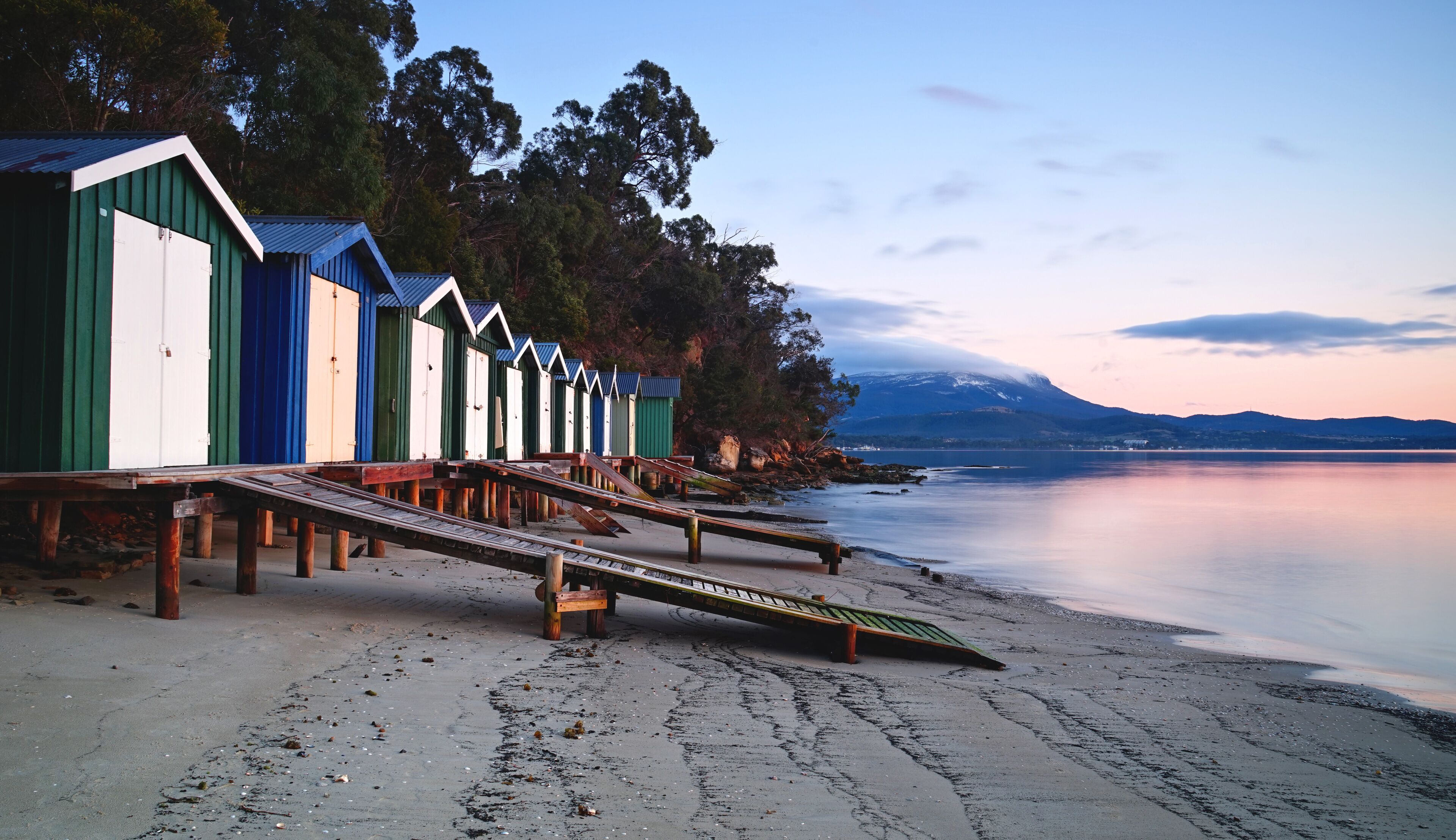 Sunrise over beach huts in Hobart, Tasmania
