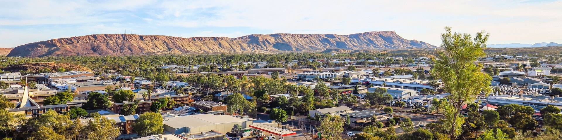 A town with a prominent mountain in the background, surrounded by greenery and buildings.