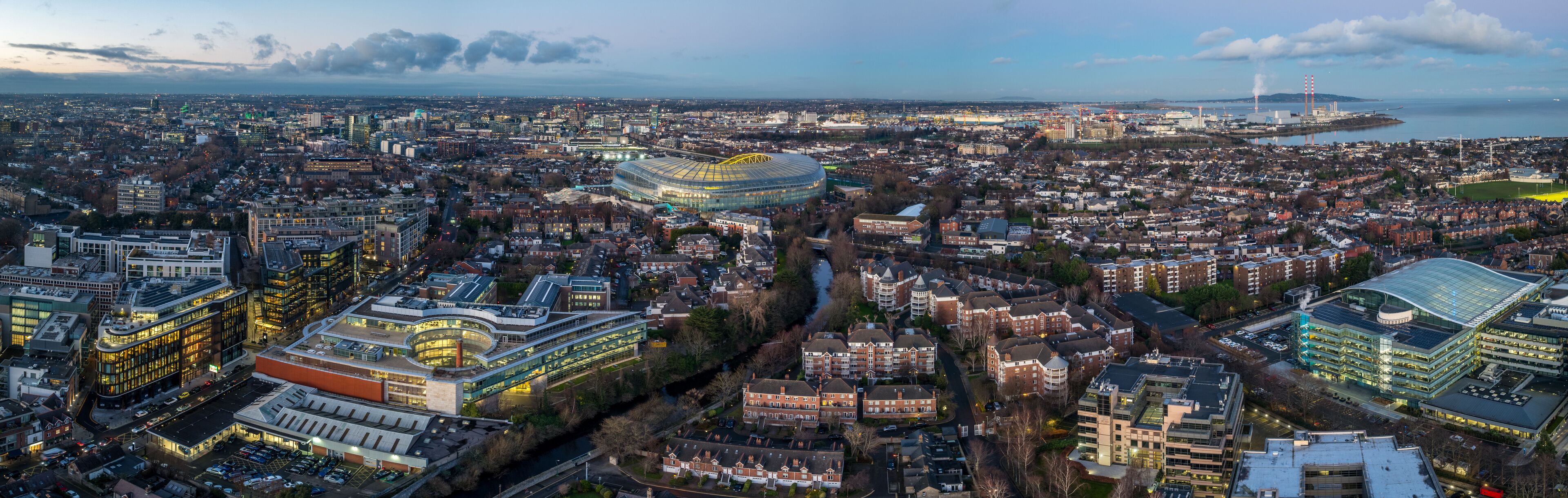 Panoramic, aerial view of Ballsbridge at sunset with Aviva Stadium , Dublin, Ireland