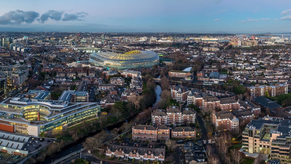Panoramic, aerial view of Ballsbridge at sunset with Aviva Stadium , Dublin, Ireland