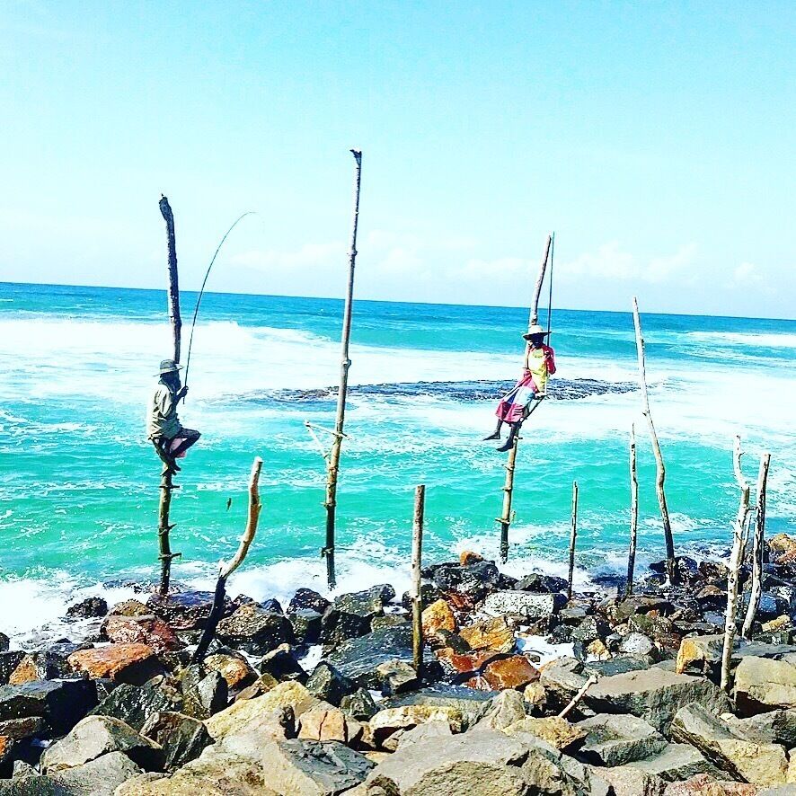 Uma praia rochosa com estacas de bambu e uma pessoa em cima de uma delas.